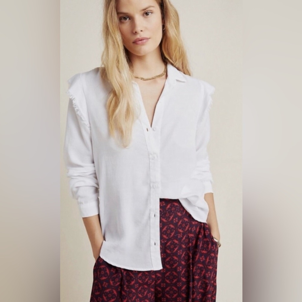 Anthropologie Cloth & Stone Ruffled Button Down Tencel Shirt In White Size PM